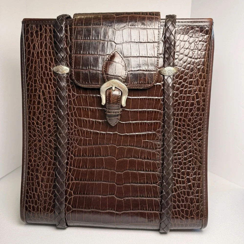 Vintage Brighton Brown Croc Embossed Leather Braided Strap Shoulder Bag Purse